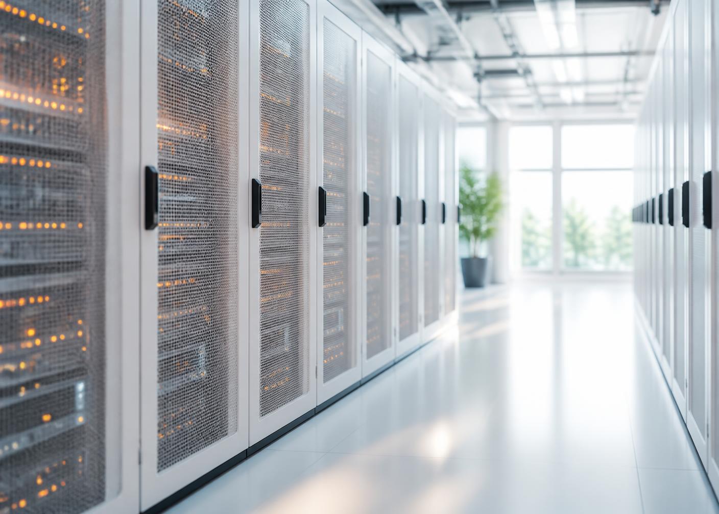 Bright modern data centre corridor with white server racks